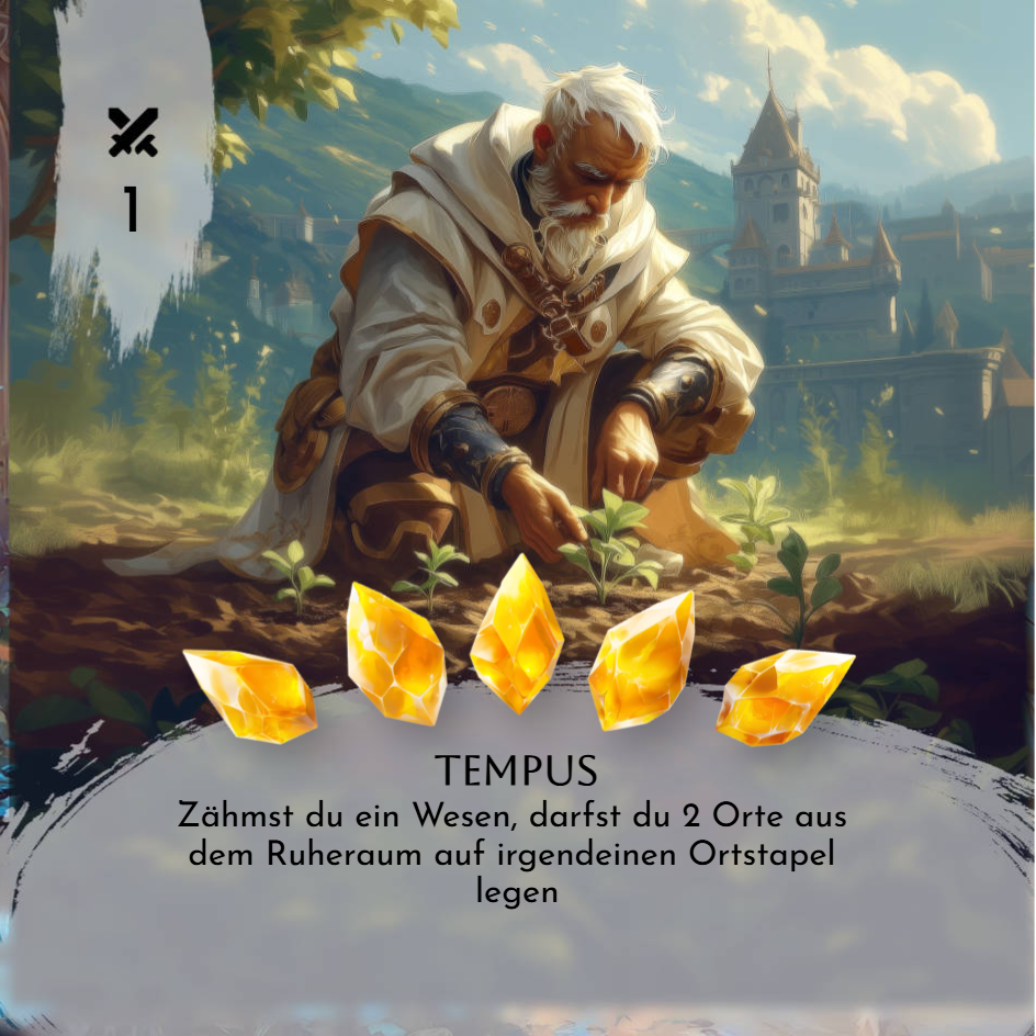 Spielkarte „Tempus“ mit einem alten Mann, der vor einer Burg Setzlinge pflanzt, darunter fünf goldene Kristalle und der Kartentext
