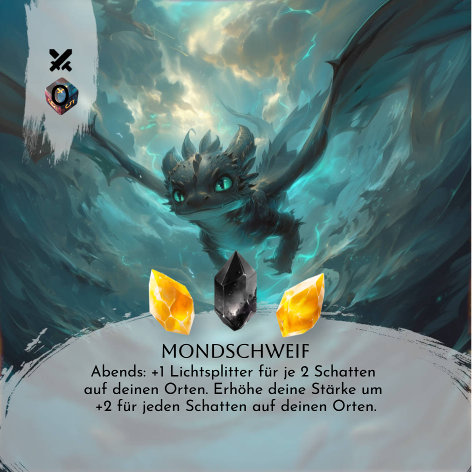 Fertige farbige Karte „Mondschweif“ mit illustriertem Drachen