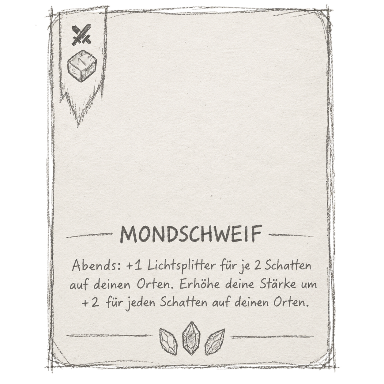 Handgeschriebene Blanko-Karte „Mondschweif“ mit Kartentext, noch ohne Bild