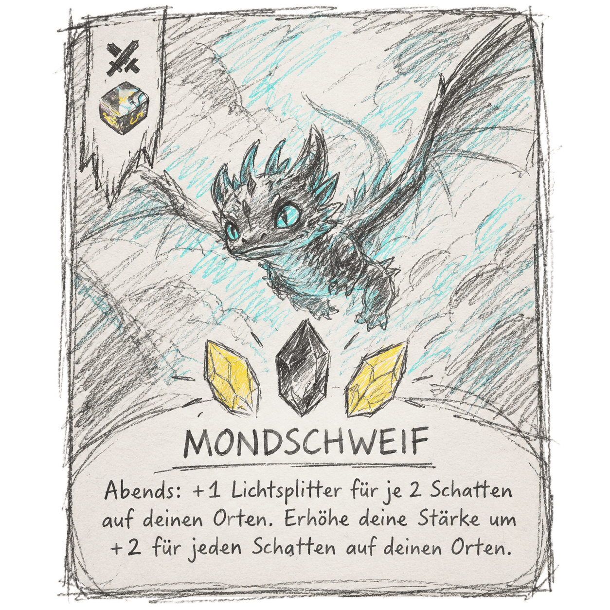 Bleistiftskizze der Karte „Mondschweif“ mit einem kleinen Drachen
